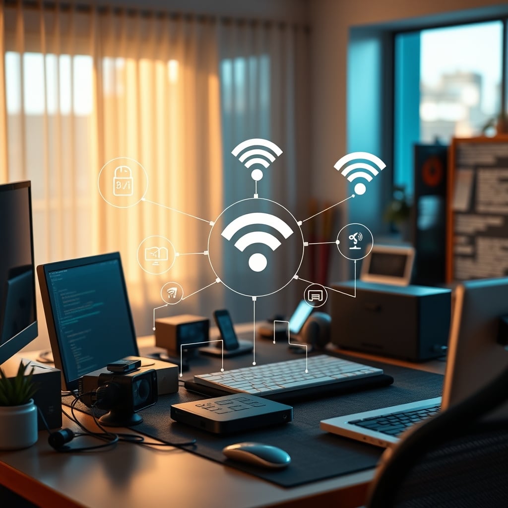 A simple network security diagram showing smart desk gadgets isolated on a separate, locked-down network segment.
