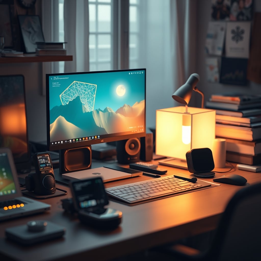 A modern desk over-cluttered with various smart gadgets, AI lamps, and sensor pucks, illustrating the problem.