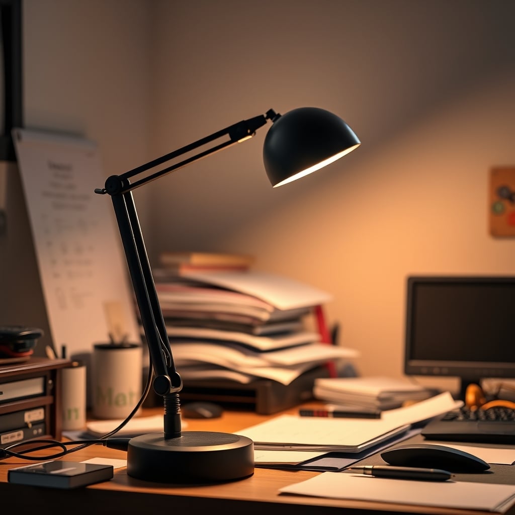 A simple manual LED desk lamp with a physical dimmer knob on a messy, productive desk with papers and a laptop.