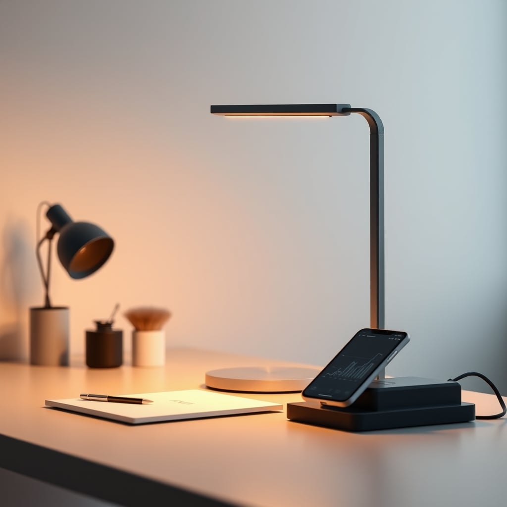 An expensive AI desk lamp glowing on a desk, next to a smartphone showing a complex app interface, representing the overcomplicated scam.