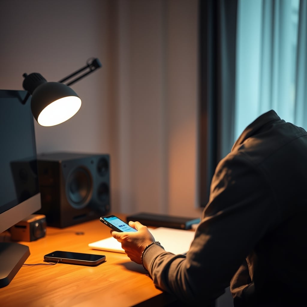 A person looking frustrated, tapping a smartphone app that fails to connect to a desk lamp.