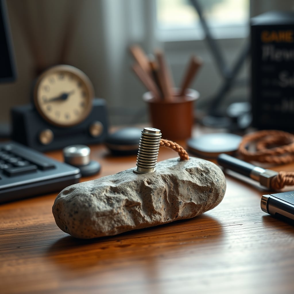 A selection of simple, analog fidget tools—a smooth stone, a bolt and nut, paracord—on a wooden desk.