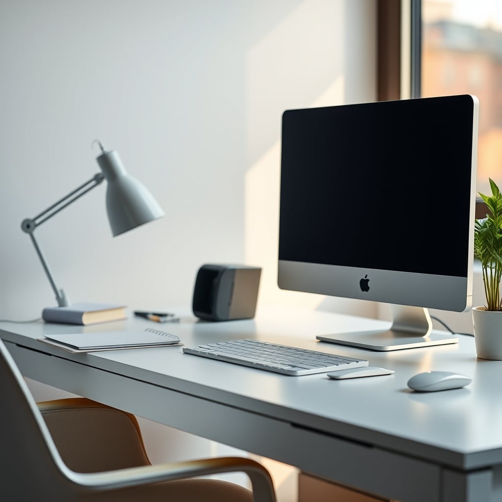 A starkly minimalist desk setup with only a laptop, notebook, and water bottle, emphasizing clear space for thought.