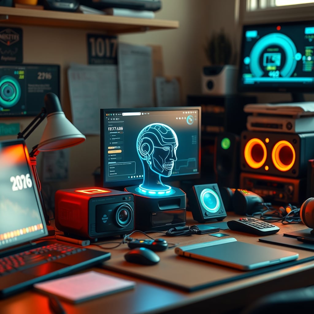 A cluttered modern desk overwhelmed with multiple glowing, buzzing AI desk toys creating visual noise and distraction.
