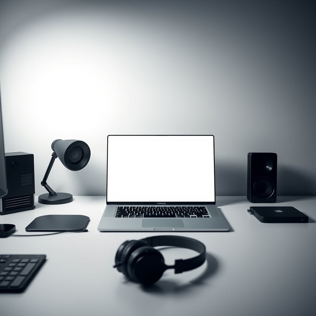 A simple, clean, and focused desk with only essential items: a laptop, a notebook, and headphones.