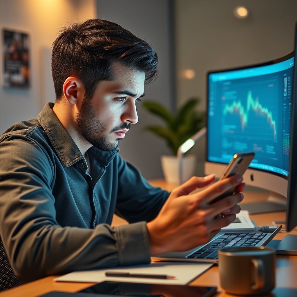 A person looking stressed at a phone screen flooded with notifications from productivity apps.