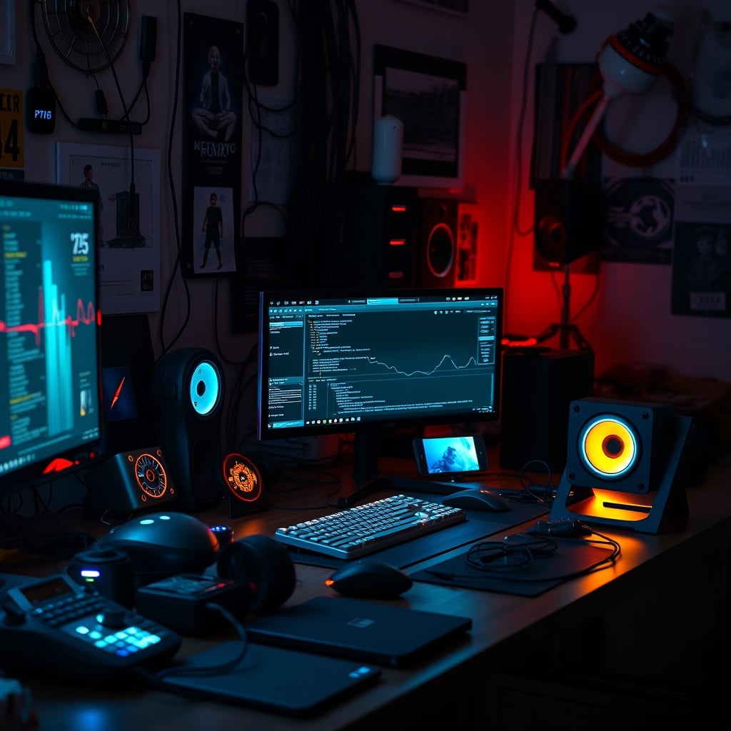 A chaotic desk overwhelmed with multiple AI focus gadgets, creating visual noise and distraction.