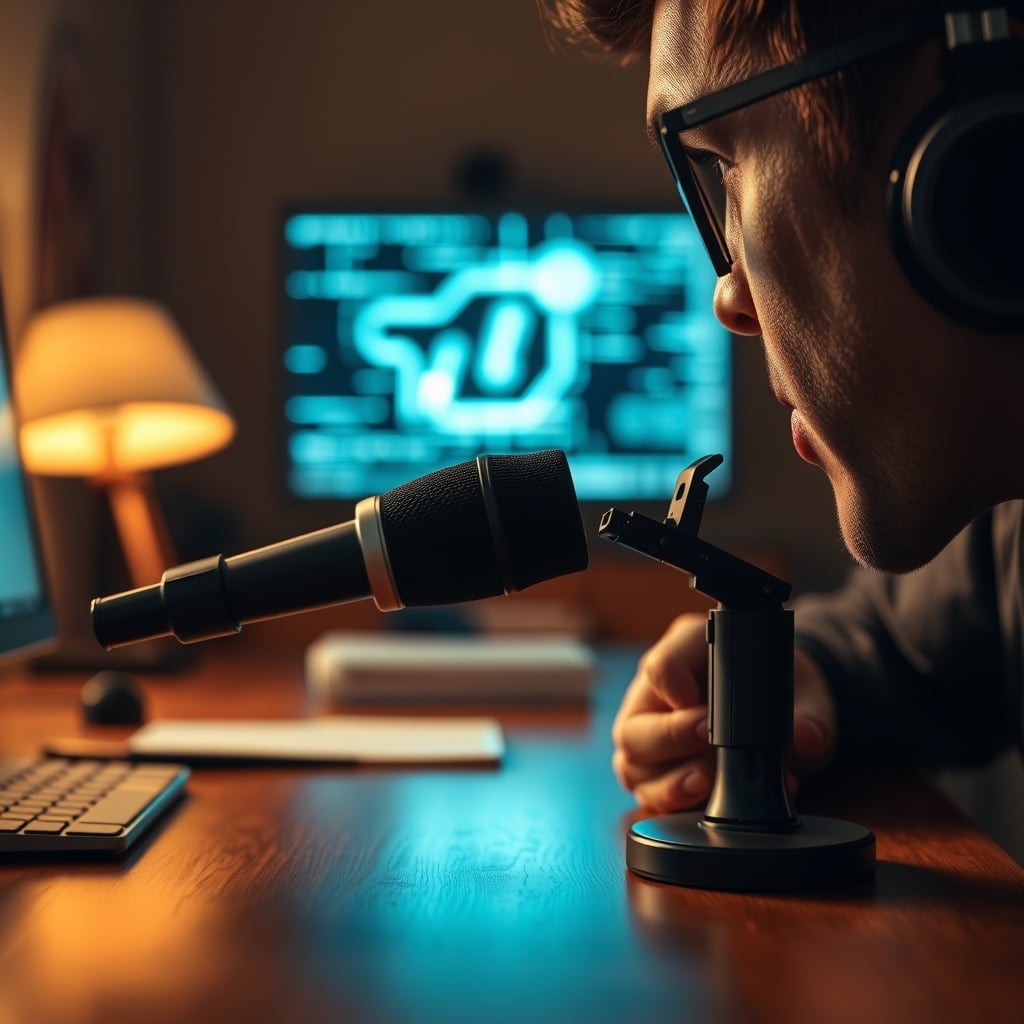 Person reacting with frustration to robotic, artifact-laden audio from a computer screen showing a waveform.