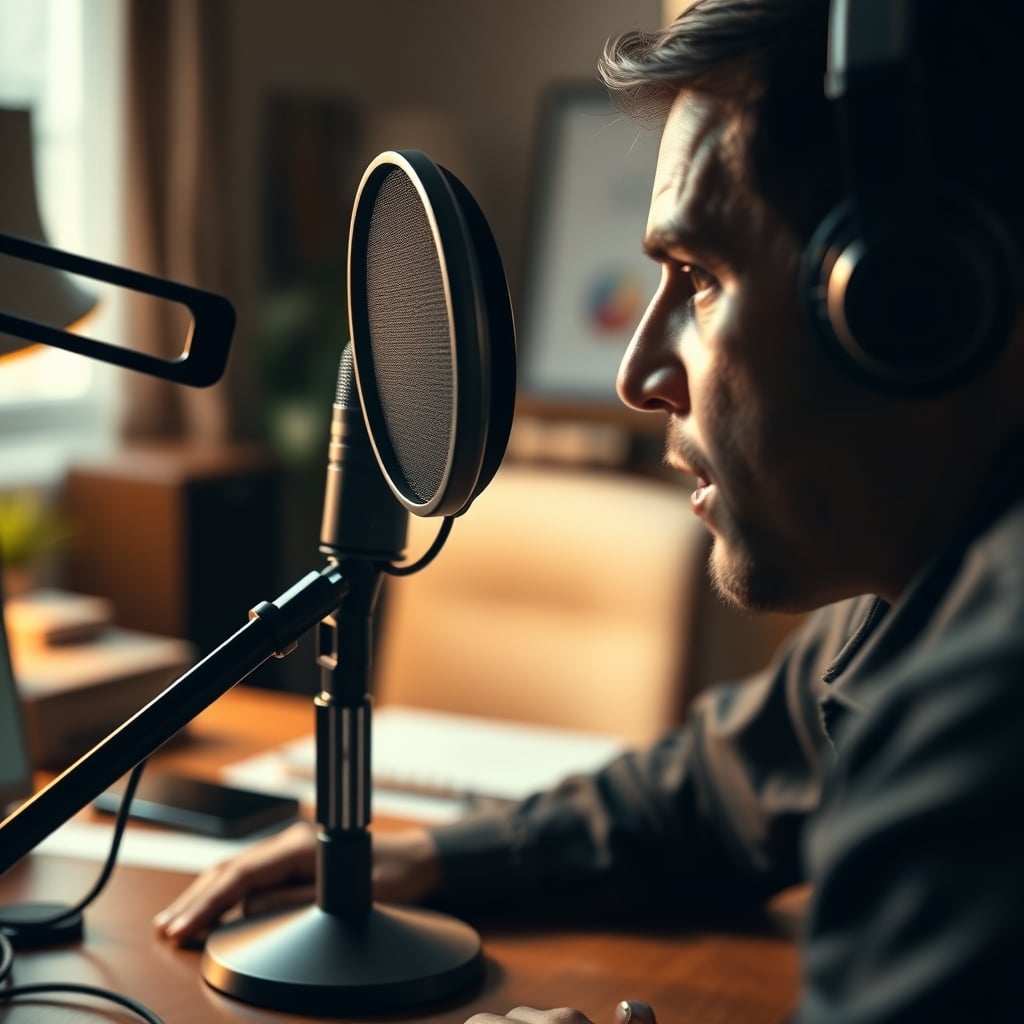 Content creator speaking closely into a dynamic microphone with a portable reflection filter in a simple home setup.