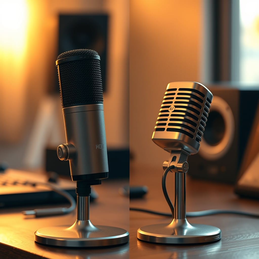 A robust, classic dynamic microphone next to a sleek, modern AI USB microphone on a wood desk.