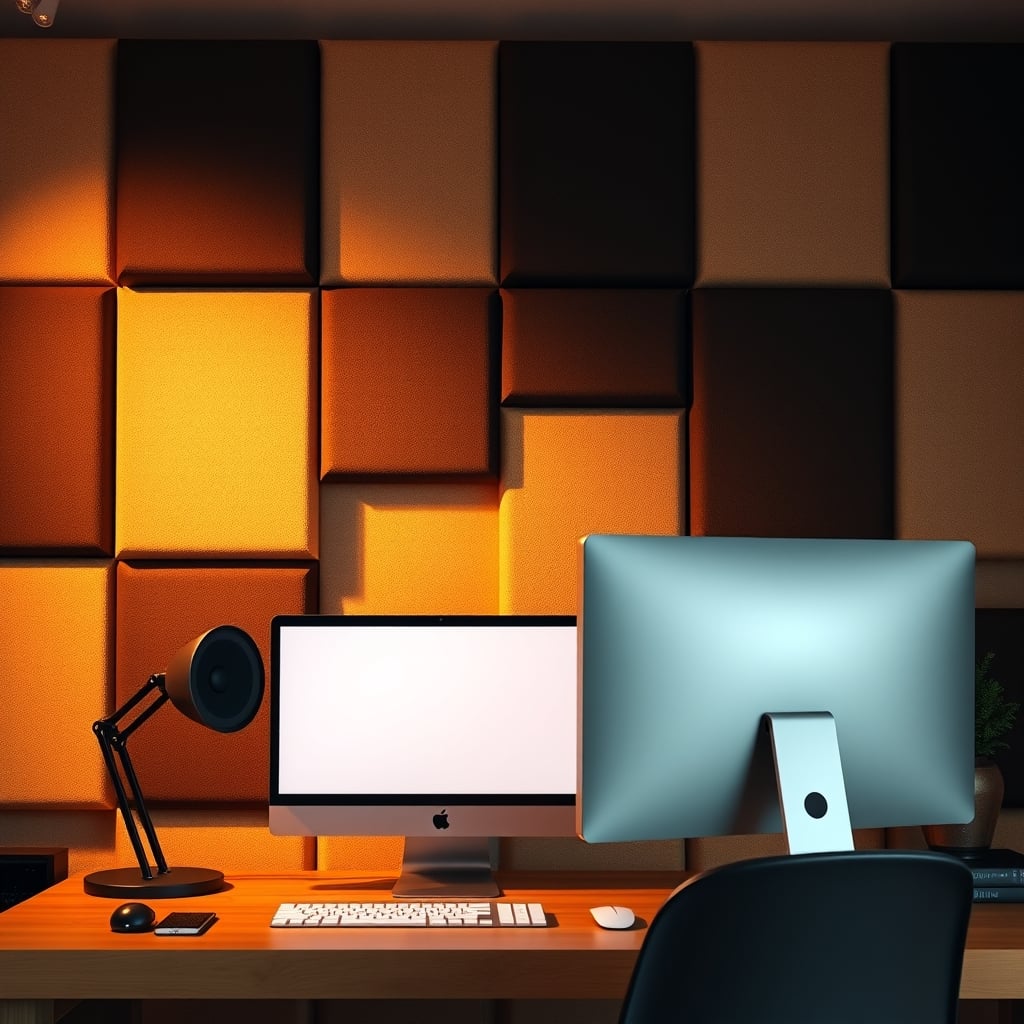 Basic acoustic foam treatment on a wall behind a desktop computer