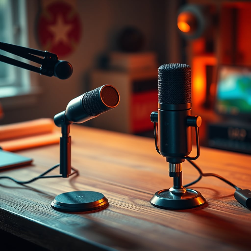 Comparison of a standard XLR microphone and a glossy AI-powered USB microphone