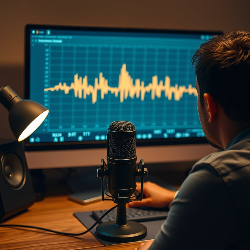Creator frustrated by AI microphone audio quality looking at distorted waveform on monitor