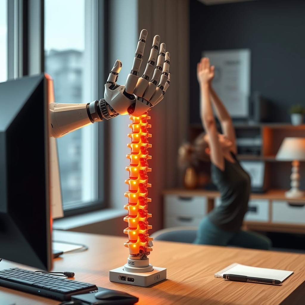 Contrast between a robotic hand rigidly holding a spine model and a human fluidly stretching