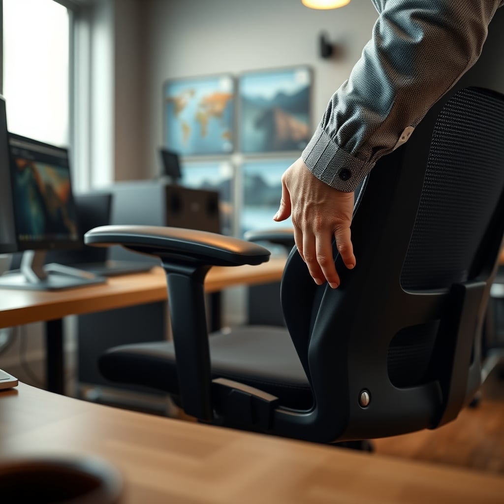 Close-up of hands finely adjusting the height and protrusion of a chair's lumbar support