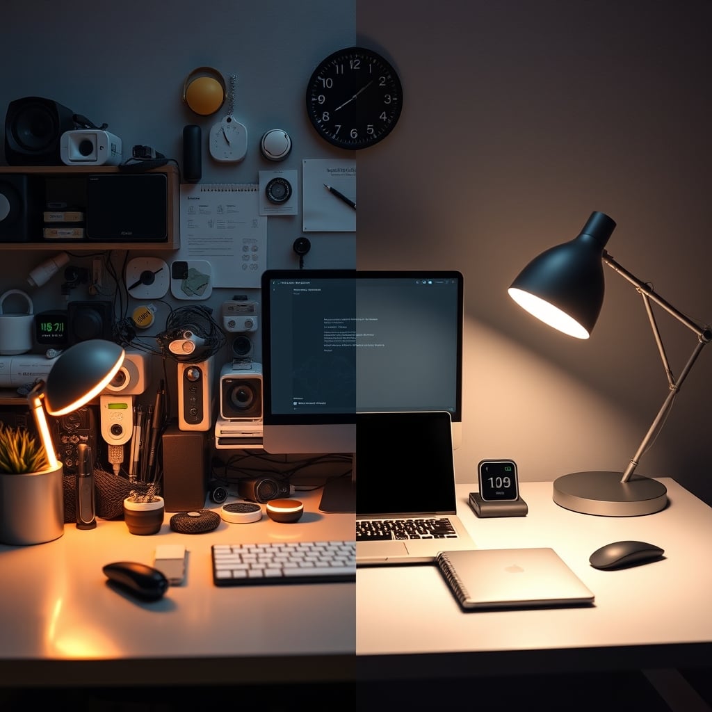 Cluttered AI gadget desk vs clean minimalist desk setup comparison