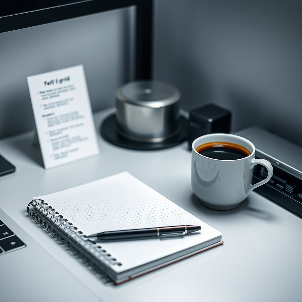 A simple dot grid notebook, a favorite pen, and a coffee mug on a clean desk, symbolizing focused work.