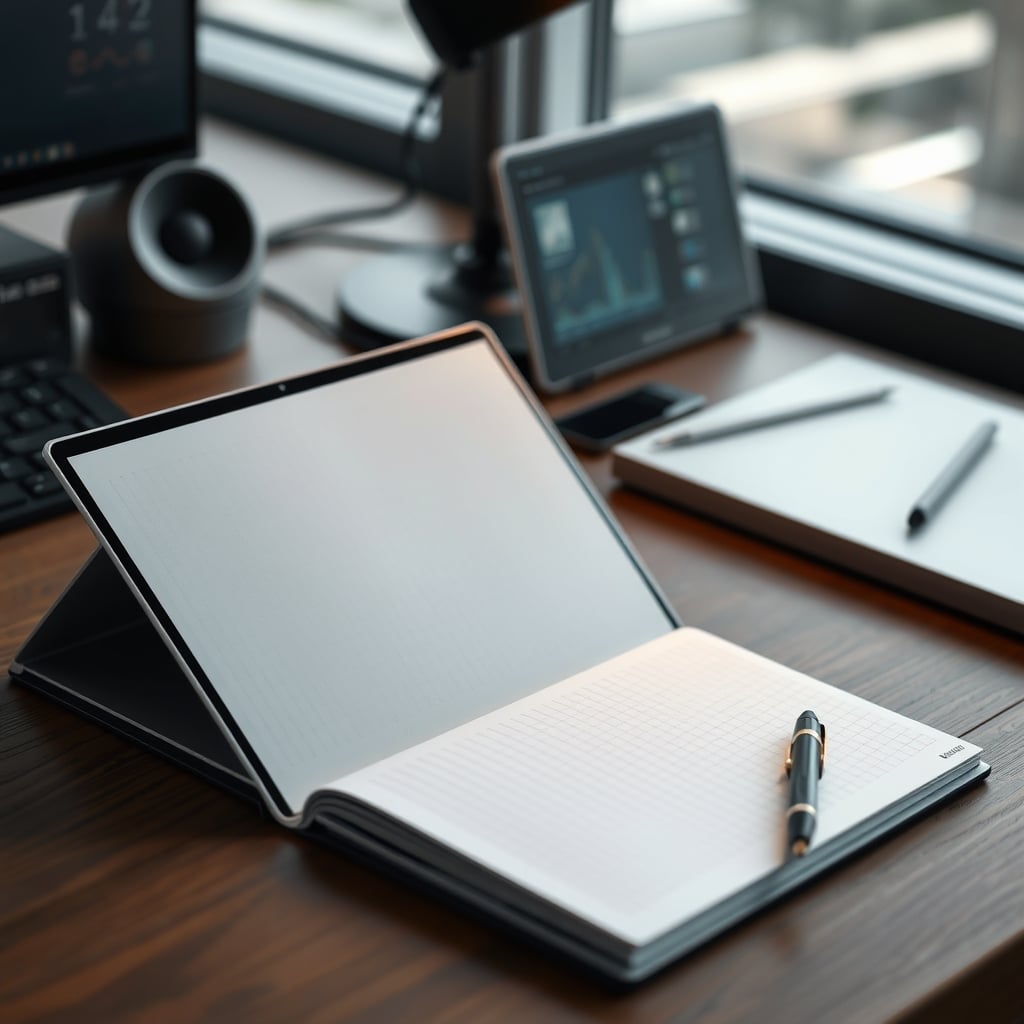 A closed, cold AI smart notebook sits unused next to a vibrant, open paper notebook with handwriting.