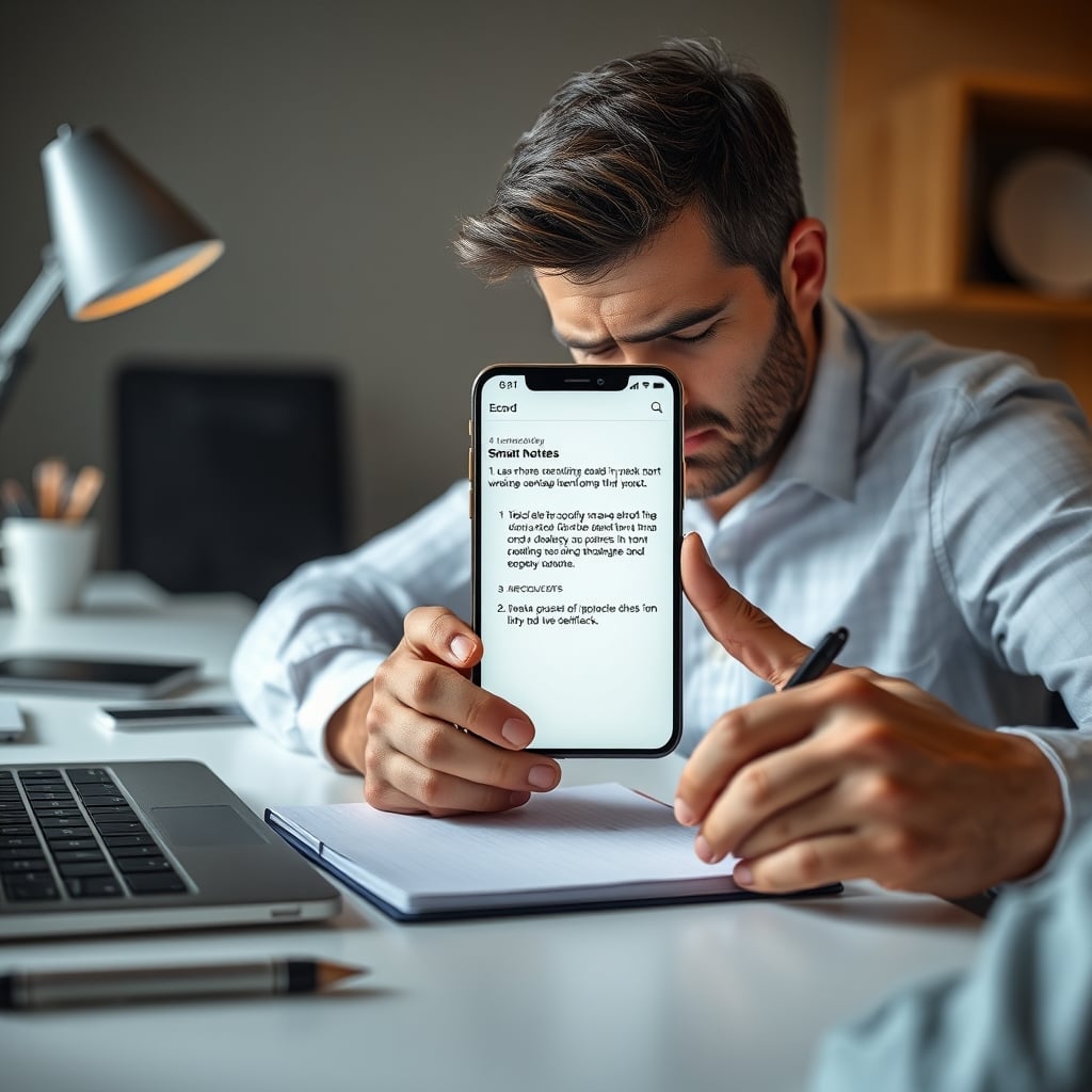 A person looking frustrated at their phone, showing a smart notebook app with glaring OCR errors on their handwritten notes.