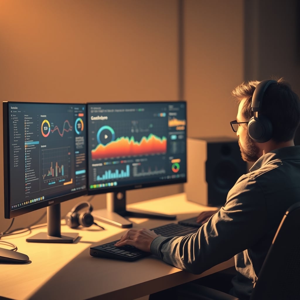 Streamer looking frustrated at a monitor filled with complex AI streaming software interface