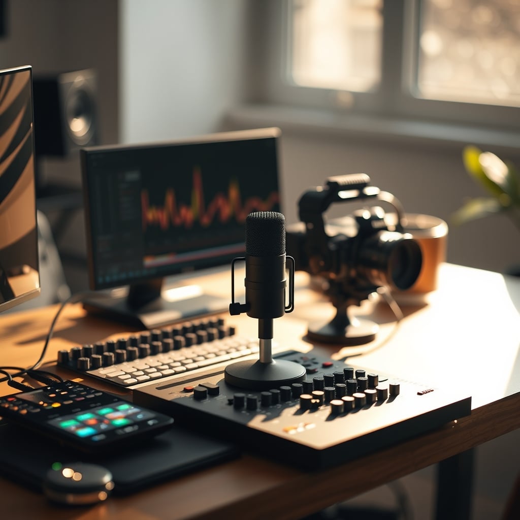 Clean streaming desk with physical microphone, mixer, and camera, no software dashboard visible