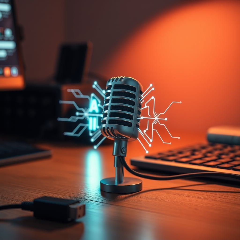 Close-up of a USB microphone with a glowing AI circuit hologram overlay
