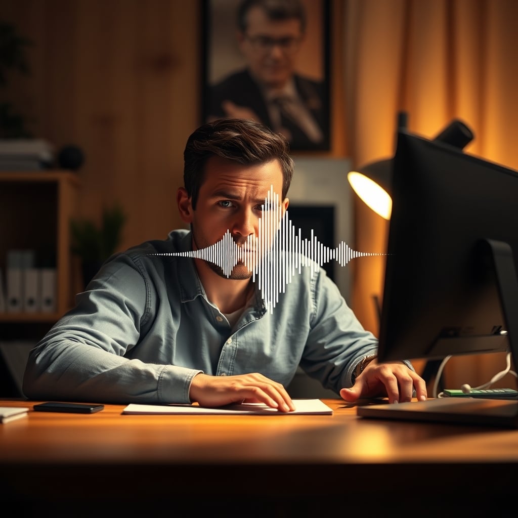Person frustrated during video call with distorted audio wave visualization on screen