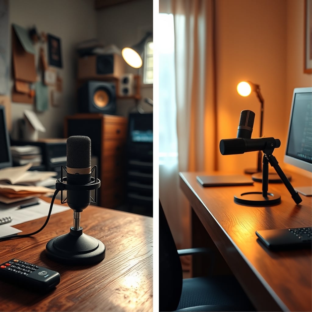 Split image comparing a cluttered desk with poor mic placement to a clean setup with proper mic placement