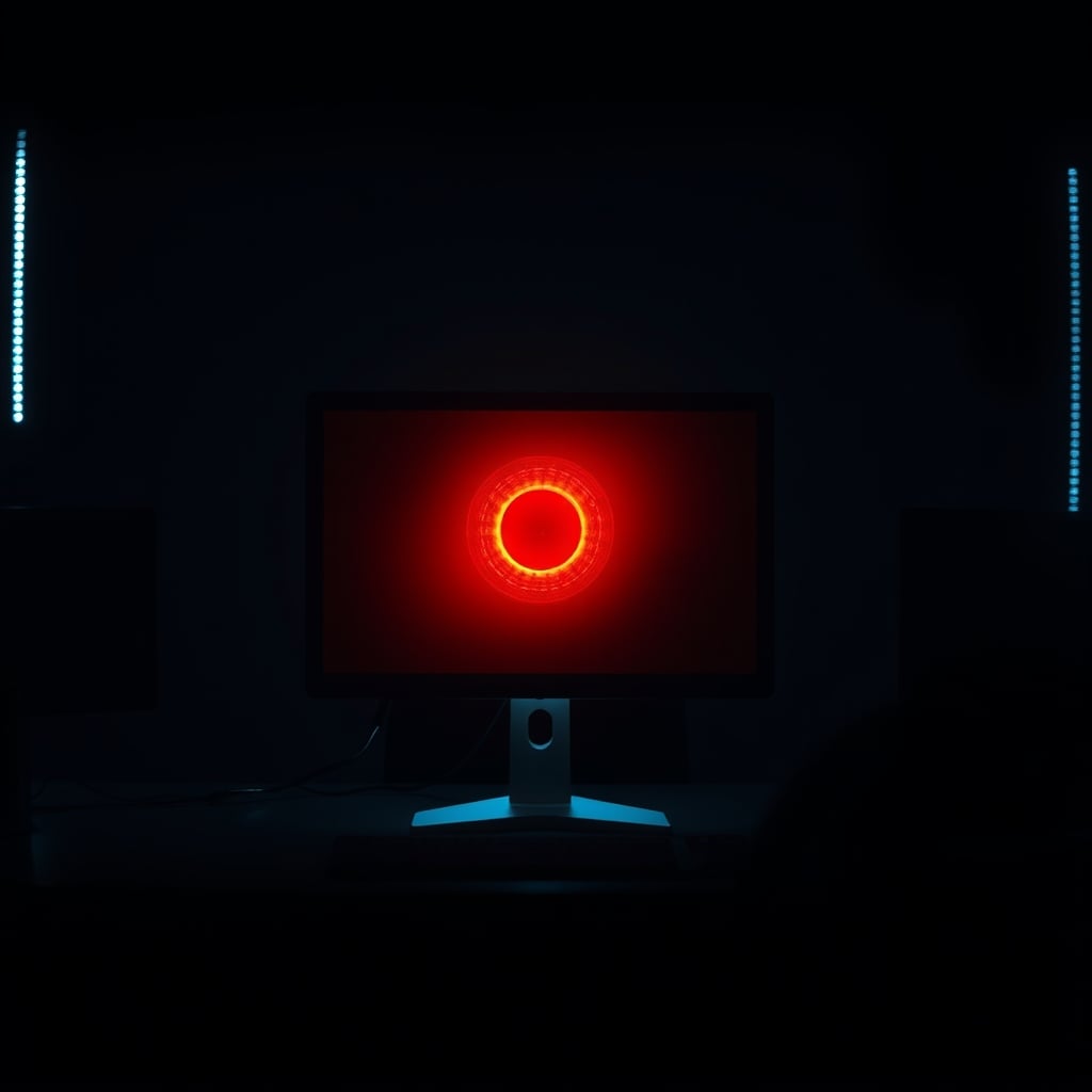 A person sitting at a desk with only the harsh light of a monitor illuminating their face in a dark room.