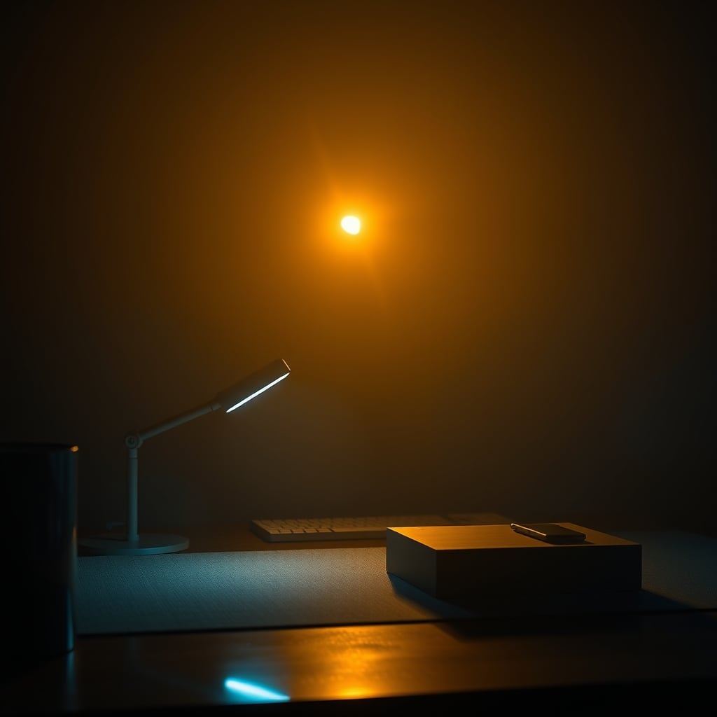 A clean desk setup with soft bias lighting behind the monitor and a warm lamp filling the desk surface, low contrast.