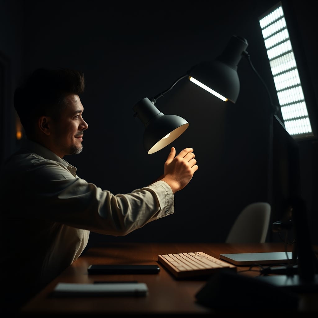 Close-up of hands adjusting a warm desk lamp for documents and a cooler monitor light, demonstrating proper layered task and ambient lighting in a 2026 workspace.