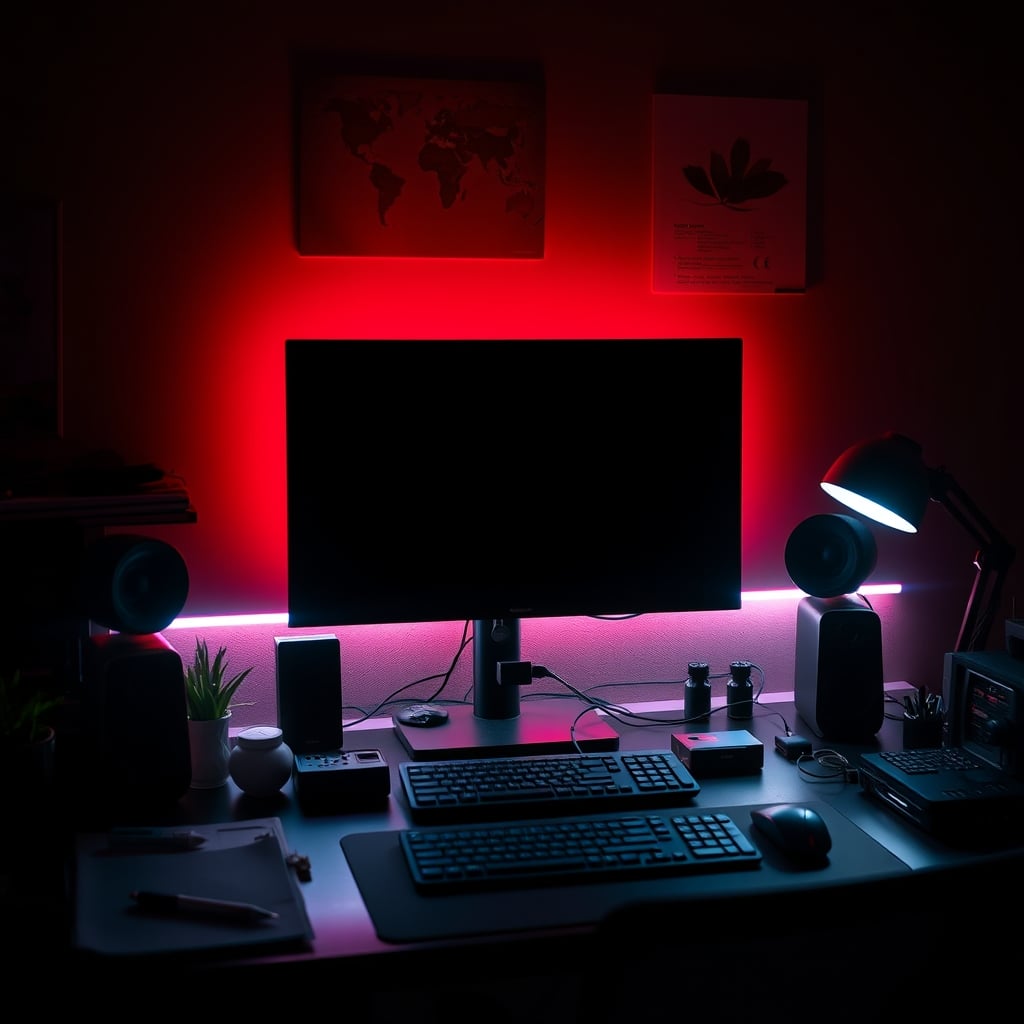 A realistic home office desk in 2026 showing a subtle warm glow behind a monitor, contrasting with a tangled mess of overly bright, hype-driven RGB light strips in the foreground.