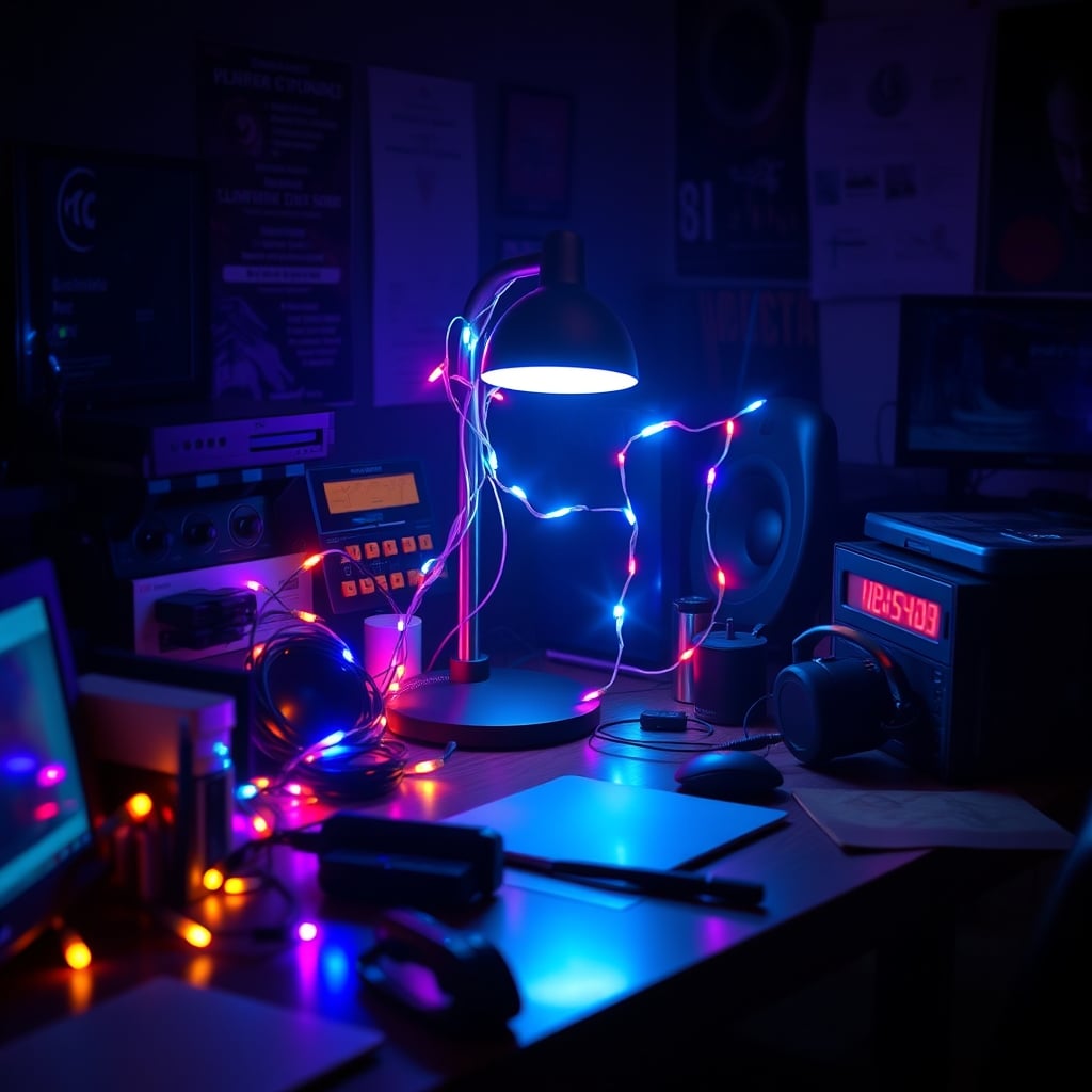 A messy desk with unused, tangled RGB lights next to a simple, effective warm-white lamp.