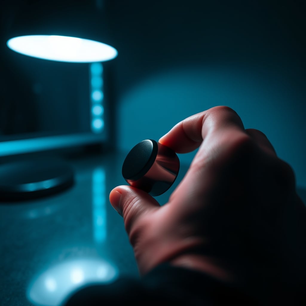 A hand adjusting a physical dimmer knob on a desk lamp base.