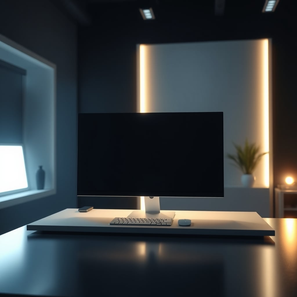 A clean, focused desk with only a warm white glow behind the monitor.