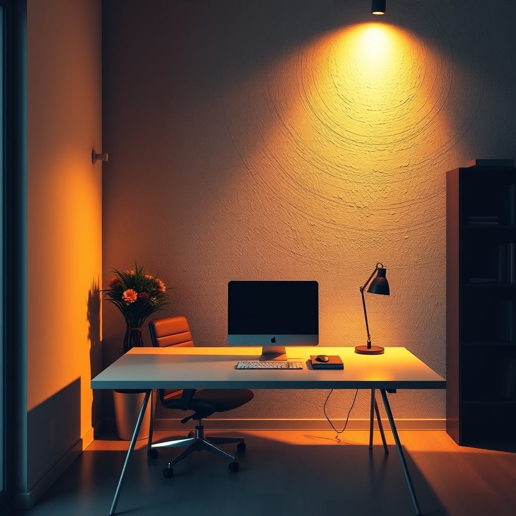 A serene, focused workspace illuminated by a single, warm, diffused linear LED light on the wall.