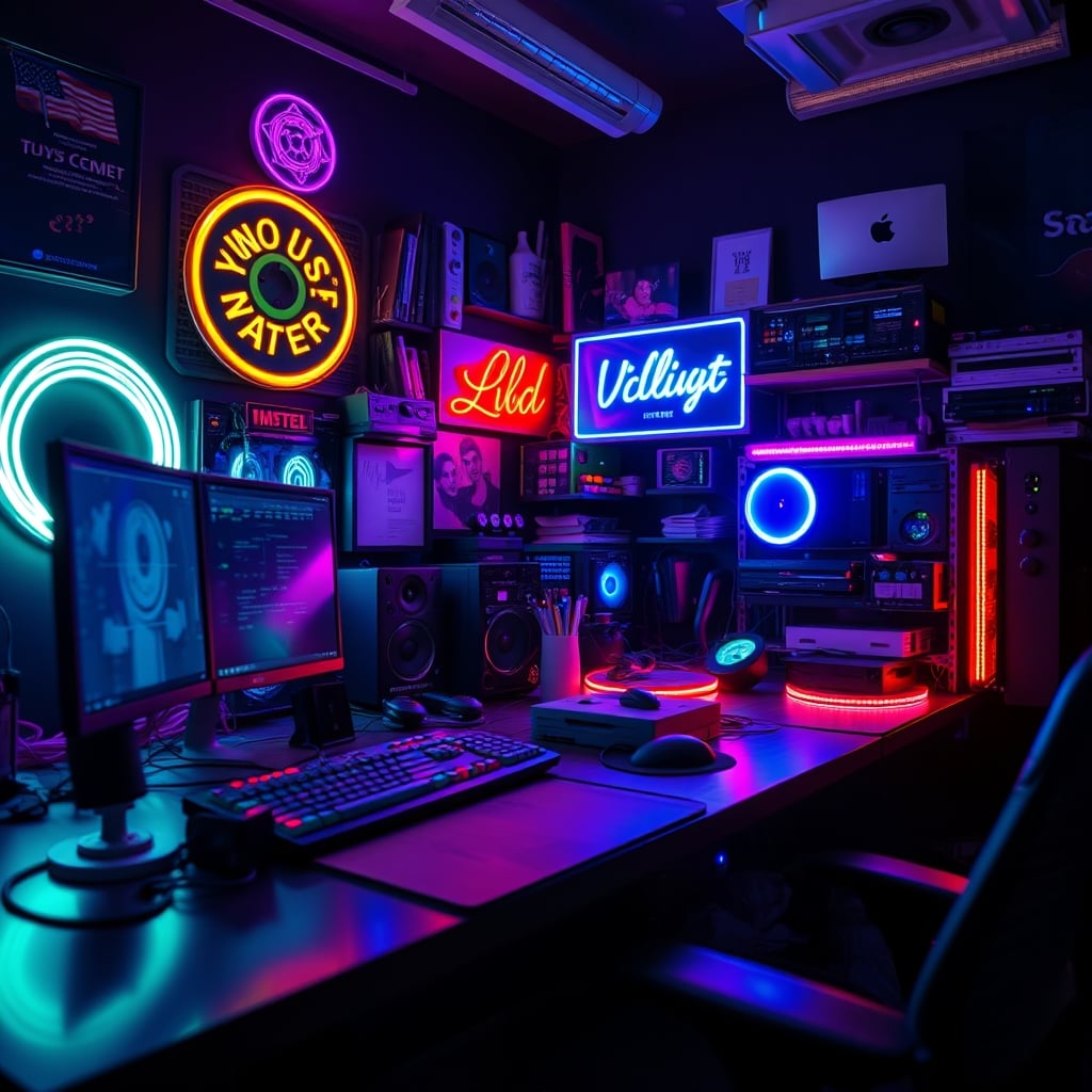 Example of an overdone, distracting ambient lighting setup with too many competing colored lights.