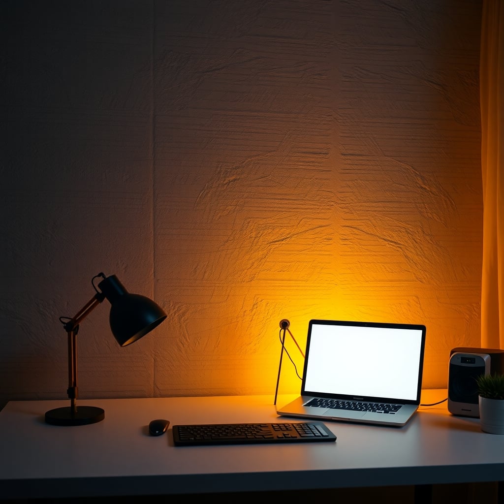 Warm 2700K light grazing a textured plaster wall at a shallow angle, pulling out the surface grain behind a desk