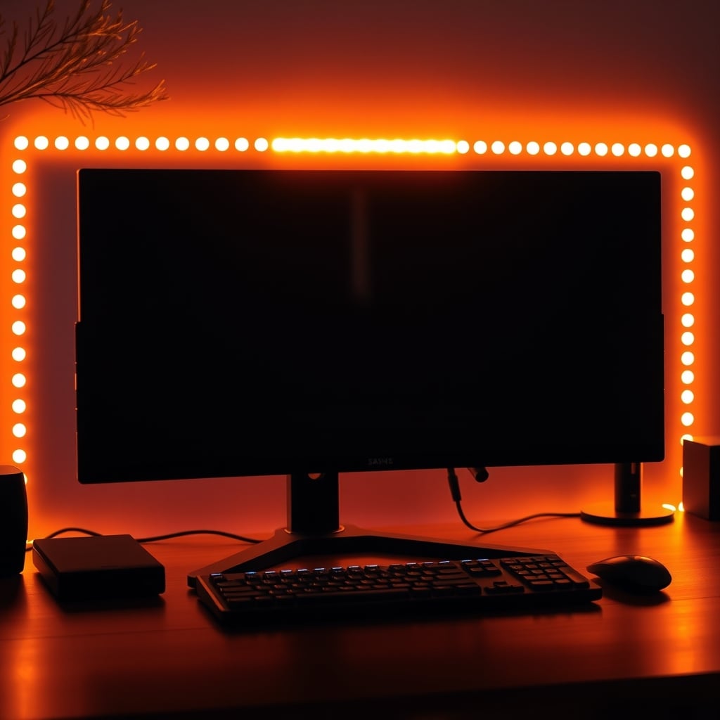 Monitor light bar casting a soft asymmetric pool of light across a desk surface at night without reflecting into the screen