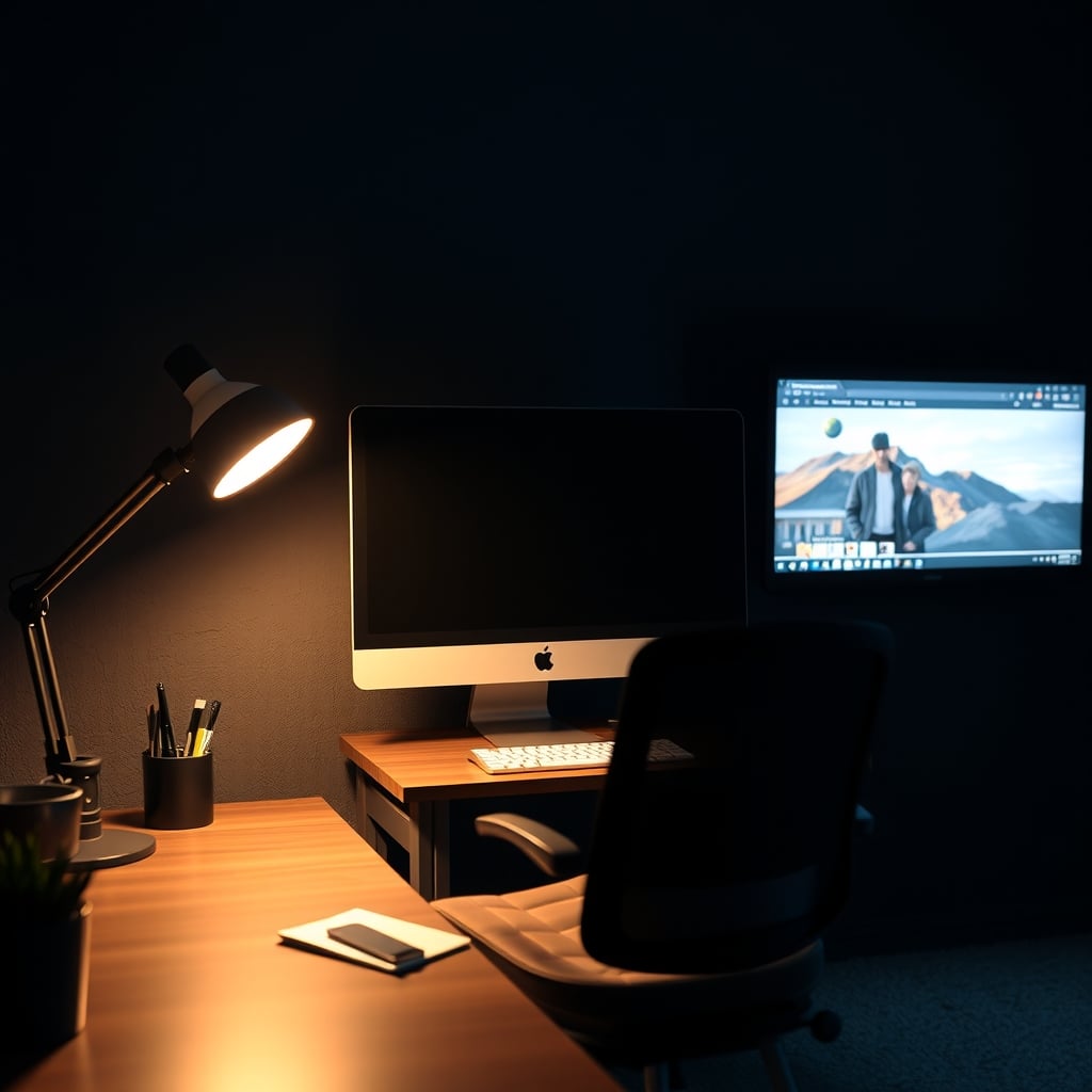 Dim home office at night with a glowing monitor and a much darker wall behind it, showing harsh screen-to-room contrast