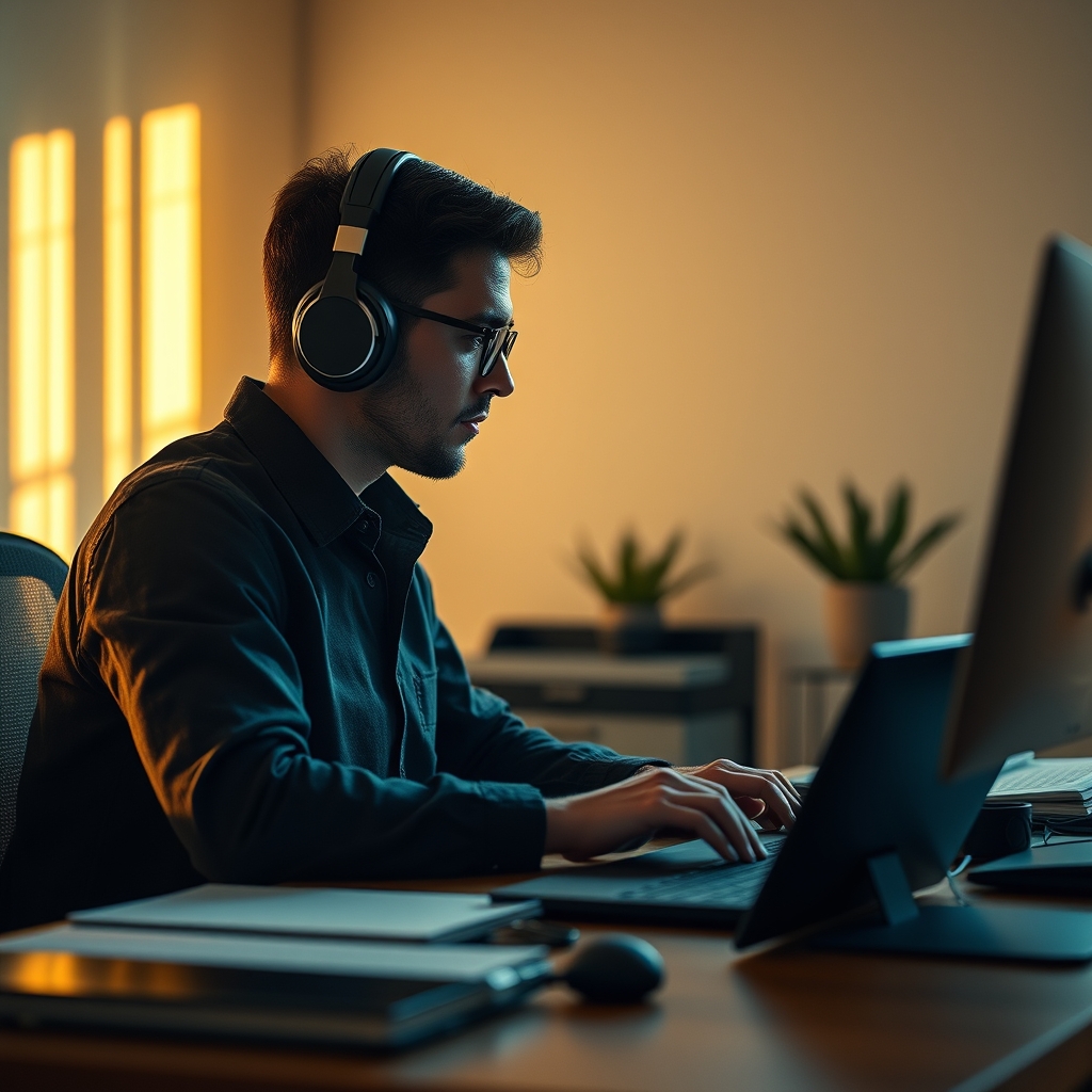 Person wearing premium ANC headphones in a focused deep work state at a minimalist desk