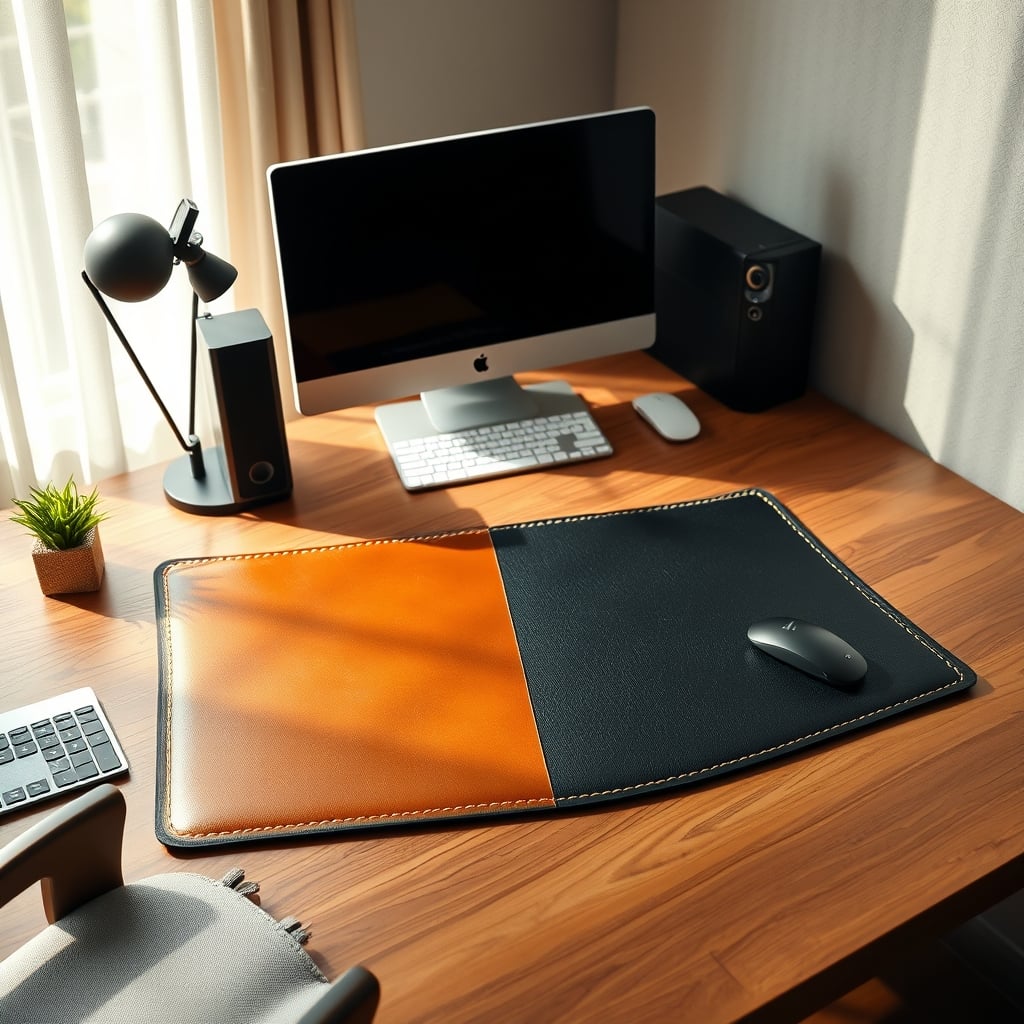 Comparison of a synthetic anti bacterial desk mat and a rich leather desk pad