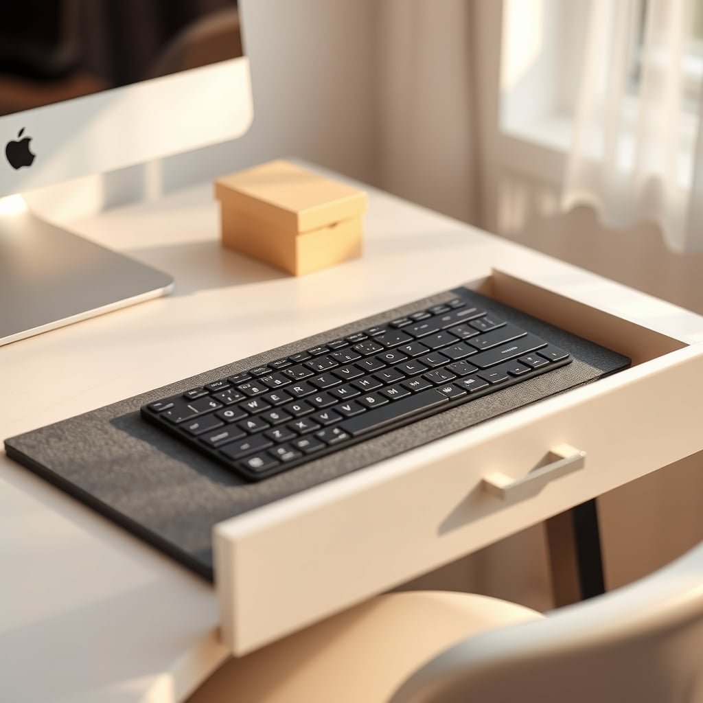 A clean, aesthetic desk setup with a felt desk pad and disinfecting wipes nearby