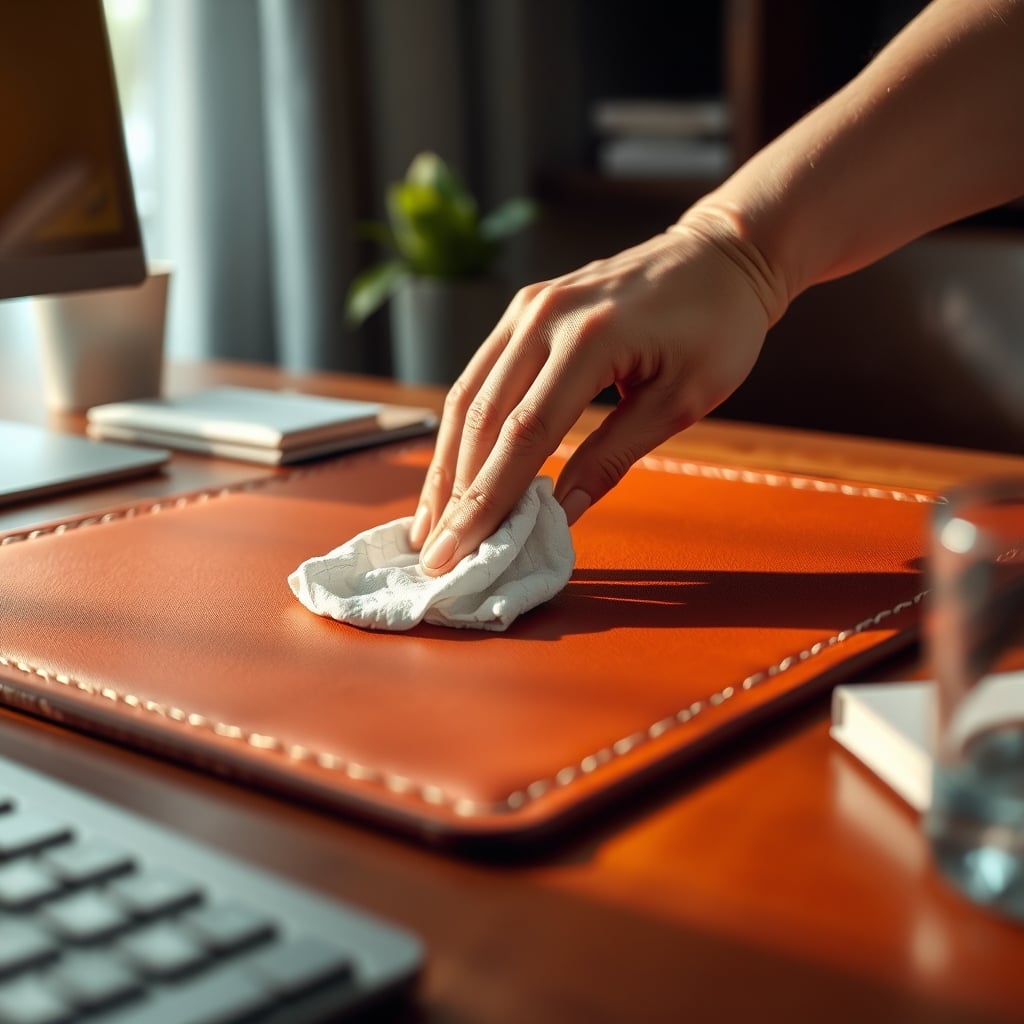 Wiping down a clean leather desk mat with a disinfecting wipe