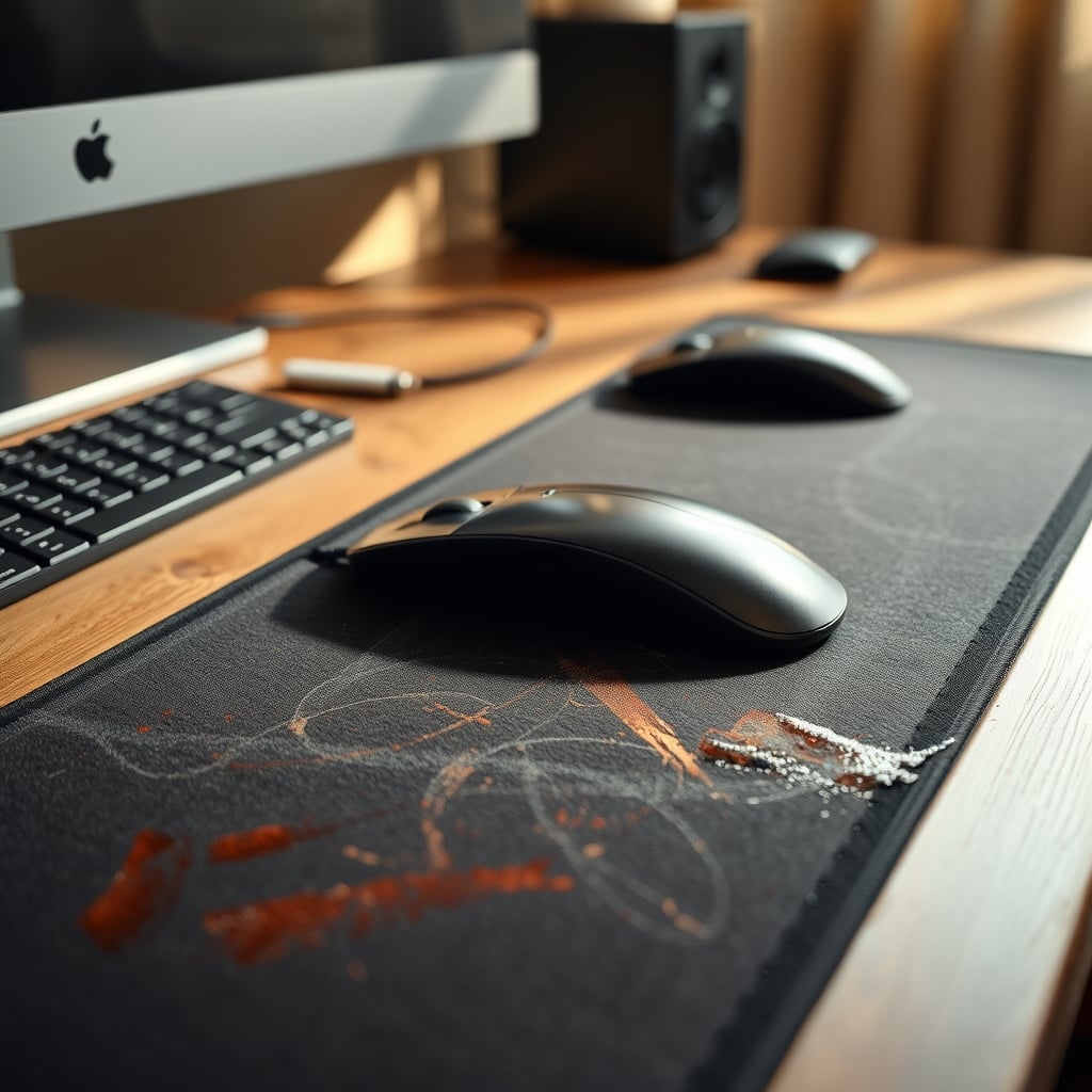 Close-up of a degraded anti bacterial desk mat showing scratches and stains