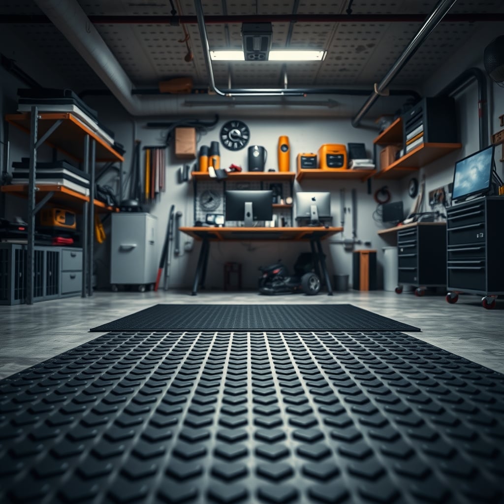 Thick rubber workshop mat on a bare concrete floor beneath a standing workbench