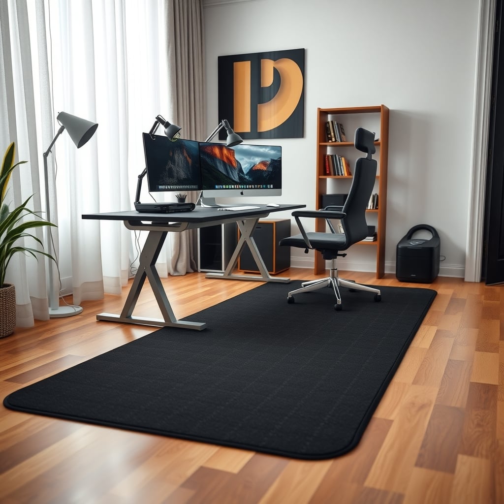 Beveled edge anti-fatigue mat sitting on a hardwood floor in front of a standing desk