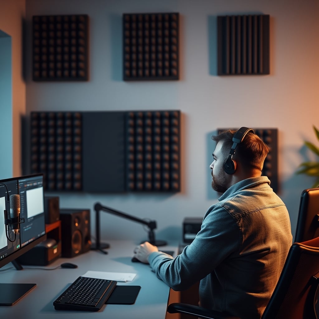 Person looking frustrated at colorful acoustic panels on wall, holding a quality microphone