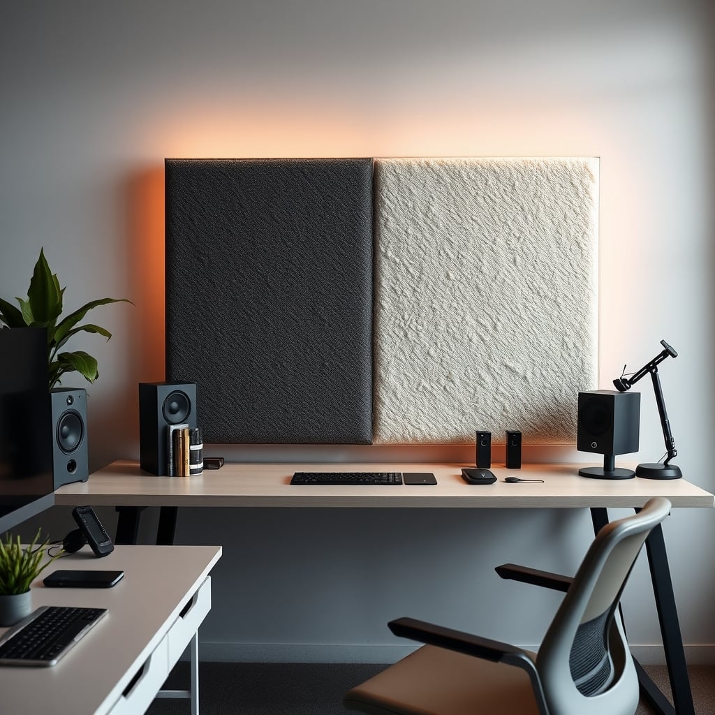 Side-by-side comparison of a thick DIY rockwool acoustic panel and a thin decorative fabric panel