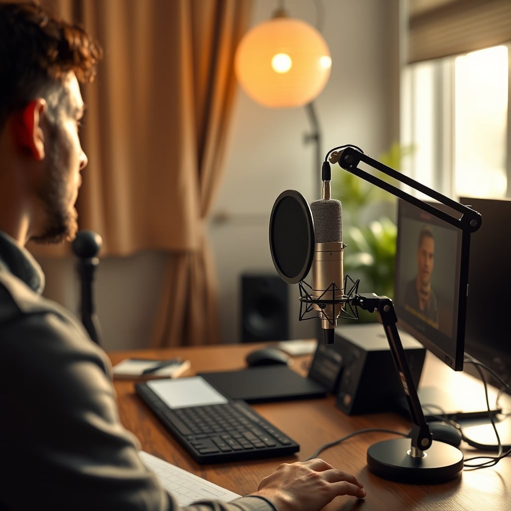 A content creator speaking into a Shure MV7 USB microphone in a acoustically treated room with sound panels on the walls.